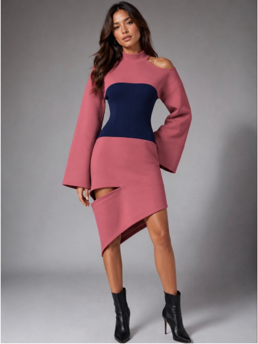 JI OH Colorblock Corset Panel Wide-Sleeve Sweatshirt Dress – Size M